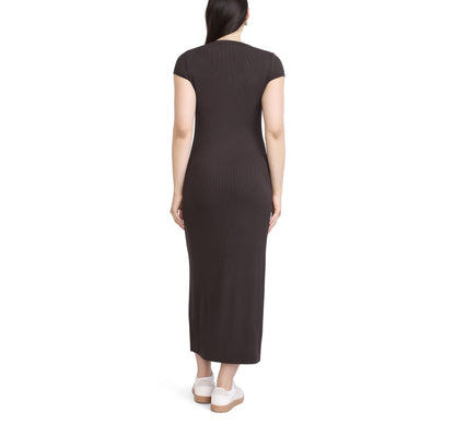Motherhood Maternity Women's Short Sleeve V-Neck Henley Rib Knit Bodycon Maxi Pregnancy Dress, Chocolate Tort, Small
