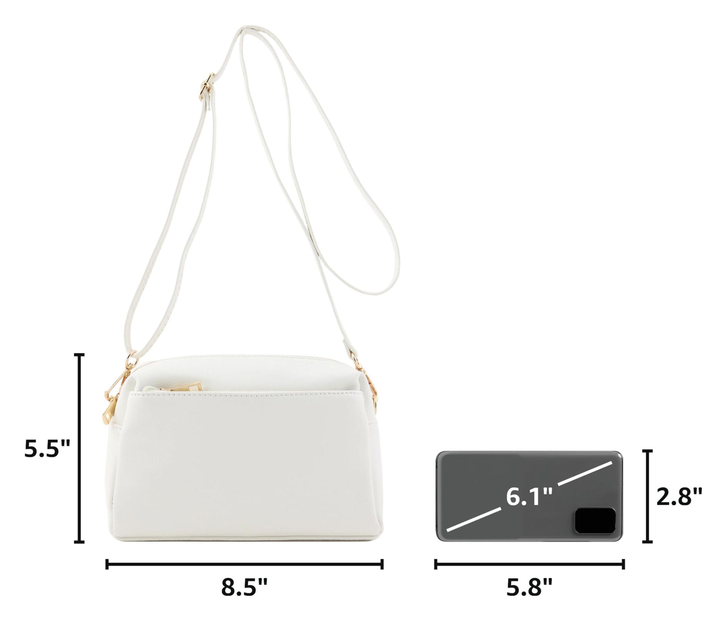 FashionPuzzle Triple Zip Small Crossbody Bag (White)