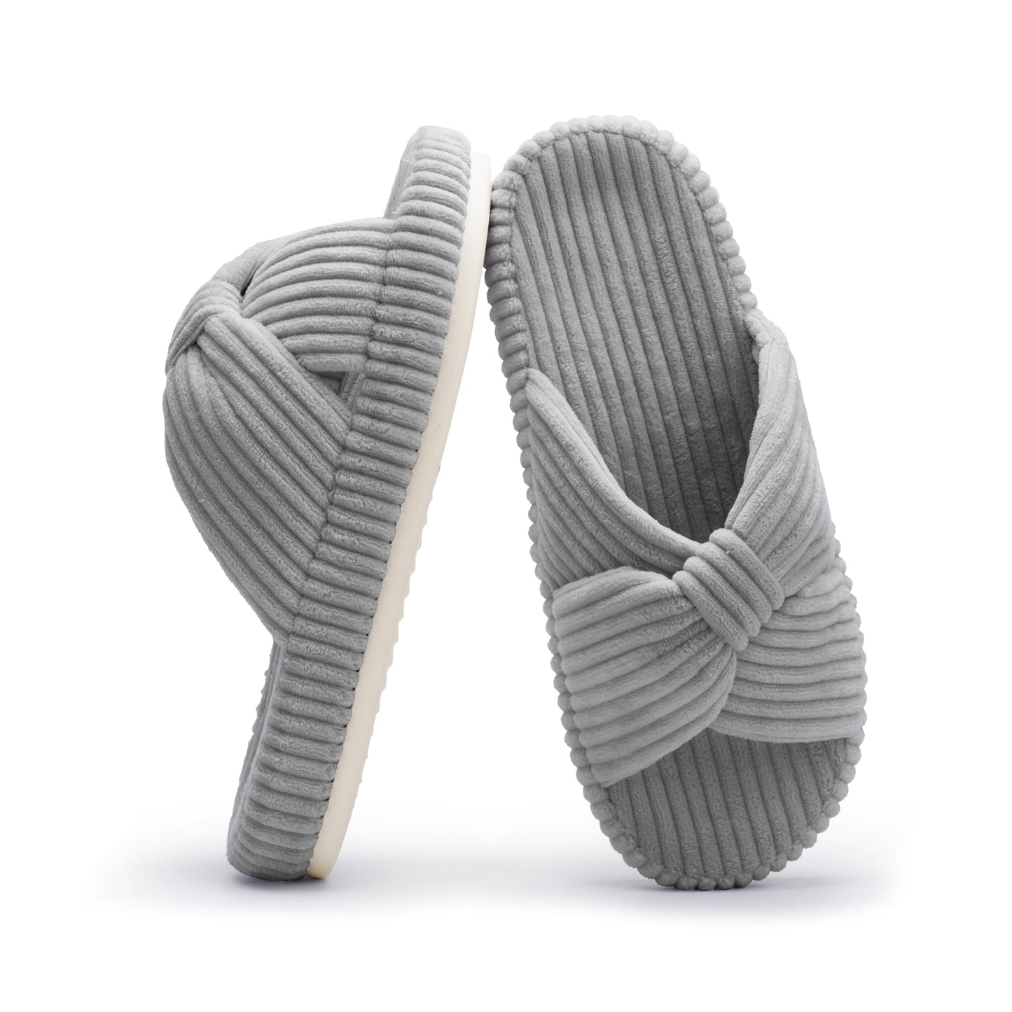 Chantomoo Slippers for Women Memory Foam House Bedroom Corduroy Bow Crossbands Slipper Shoes Comfy Trendy Gift Slippers Grey Size 7 8 6.5