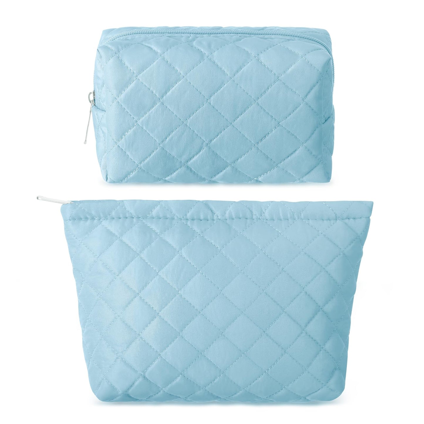 Huhumy 2 Pcs Pencil Case Quilted Makeup Bag Aesthetic Cosmetic Pouch for Women Puffer Travel Toiletry Bag Set Cotton Small Purse Pouch Makeup Organizer with Zipper(Blue)
