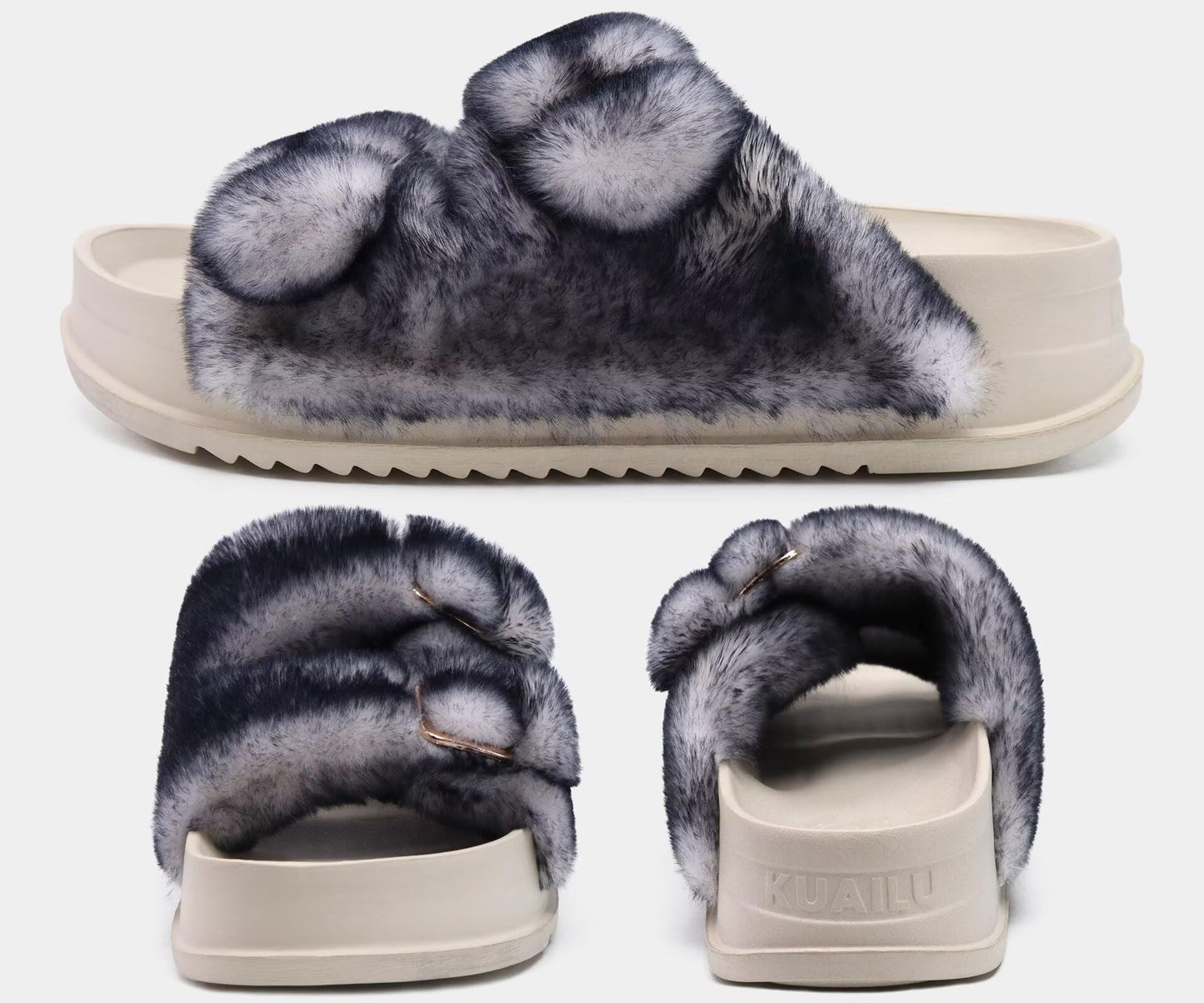 KuaiLu Women's Fluff Slippers Black White Size 9, Plantar Fasciitis Arch Support Platform Slippers Ladies Fashion Open Toe Faux Fur Sliders House Slipper