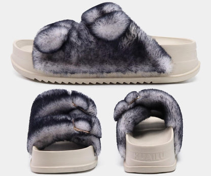 KuaiLu Women's Fluff Slippers Black White Size 9, Plantar Fasciitis Arch Support Platform Slippers Ladies Fashion Open Toe Faux Fur Sliders House Slipper