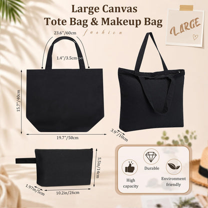 Silkfly 20 Pcs Tote Bag with Zipper, Cotton Canvas Makeup Bag Kitchen Reusable Grocery Pouch Blank Canvas Totes with Handles (16.5 x 3.9 x 13 in,Black)
