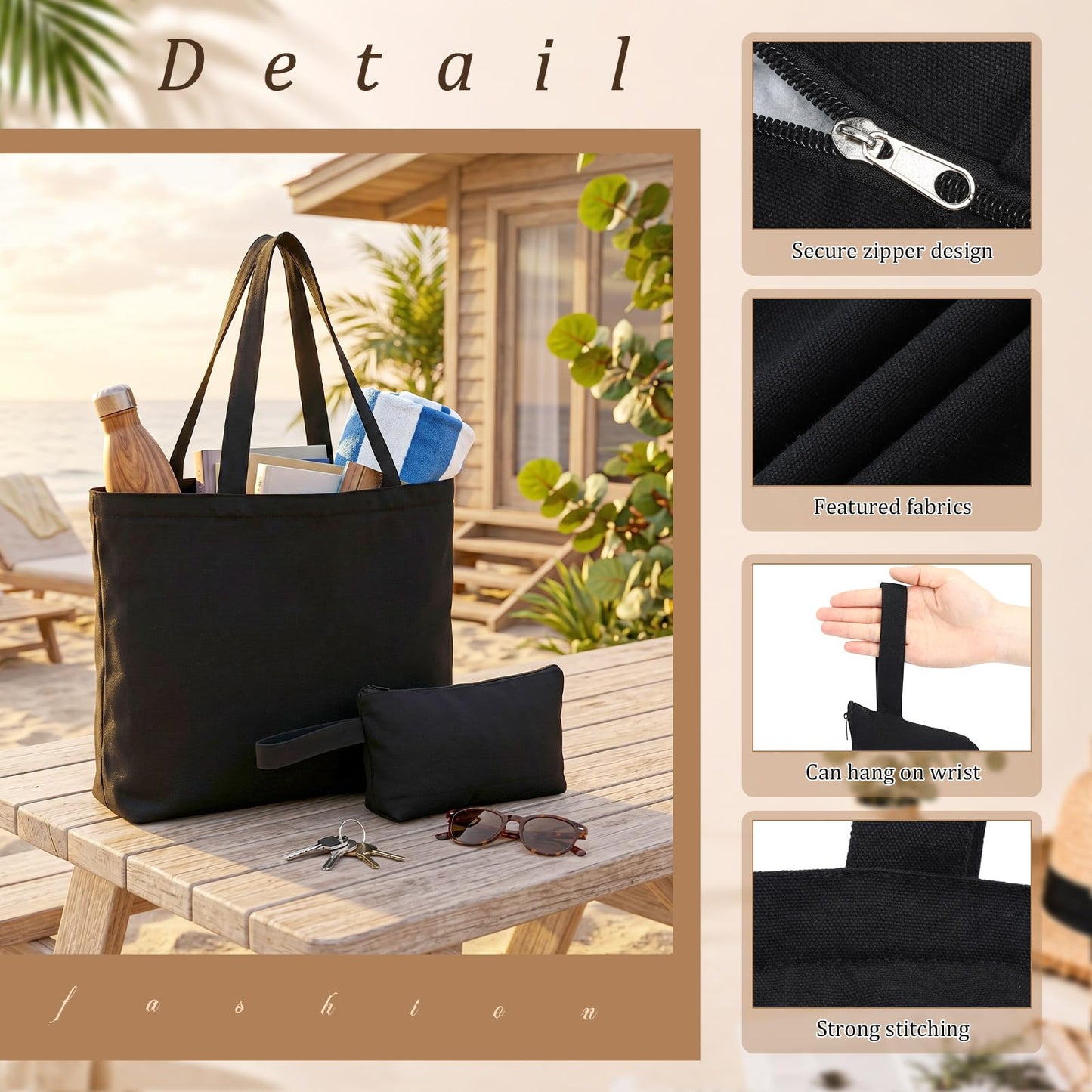 Silkfly 20 Pcs Tote Bag with Zipper, Cotton Canvas Makeup Bag Kitchen Reusable Grocery Pouch Blank Canvas Totes with Handles (16.5 x 3.9 x 13 in,Black)