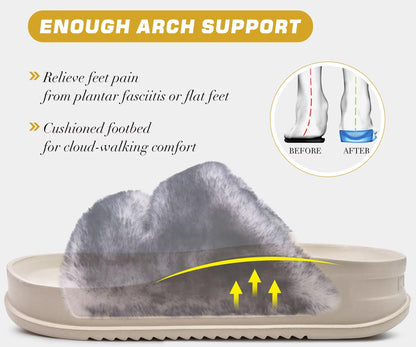 KuaiLu Women's Fluff Slippers Black White Size 9, Plantar Fasciitis Arch Support Platform Slippers Ladies Fashion Open Toe Faux Fur Sliders House Slipper