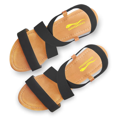 DAYDAYGO Women's Flat Sandals Elastic Sandals for Women Dressy Summer Comfortable Casual Cute Strappy Beach Wedding Flat Sandals Black Flat Sandals for Women Size 12