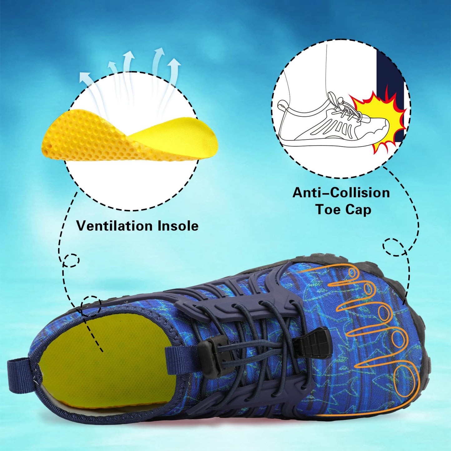 Scurtain Water Shoes for Kids Boys Girls Quick Dry Barefoot Boys Girls Kids Water Shoes Beach Sports Swim Pool for Little Big Kid Navy/Shark Size 6.5