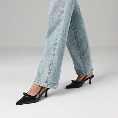 Mattiventon Black Kitten Heels with Bow Closed Toe Slingback Heels