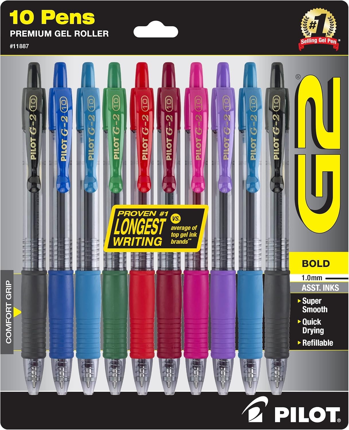 Pilot G2 Premium Retractable Gel-Ink Rolling Ball Pens, Bold Point (1.0mm), 1.0 Gel Pens, Assorted, 10-Pack - Ideal for School, Journaling, & Office Writing