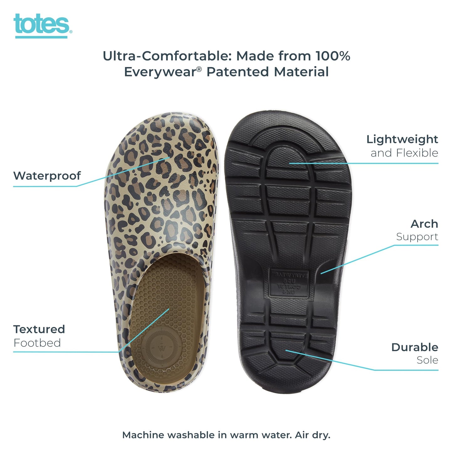totes Women's Everywear Lightweight Waterproof Bailey Garden Clog, Leopard, 10 US