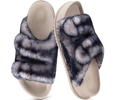 KuaiLu Women's Fluff Slippers Black White Size 9, Plantar Fasciitis Arch Support Platform Slippers Ladies Fashion Open Toe Faux Fur Sliders House Slipper