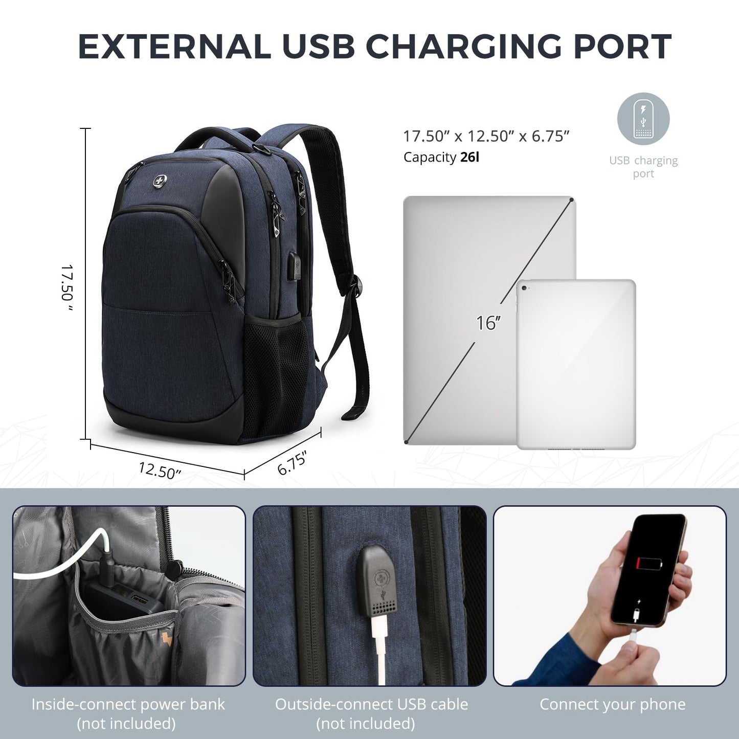 Swissdigital Design Travel Laptop Backpack for Men and Women, Business Backpack with USB Charging Port for Fits 16 Inch Notebook, Blue | SD1670-12