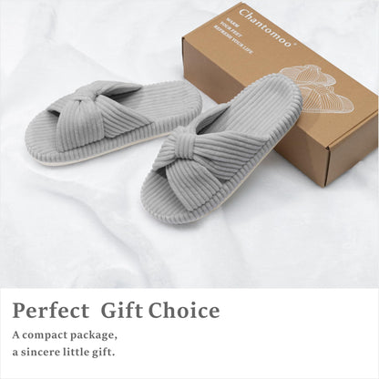 Chantomoo Slippers for Women Memory Foam House Bedroom Corduroy Bow Crossbands Slipper Shoes Comfy Trendy Gift Slippers Grey Size 7 8 6.5