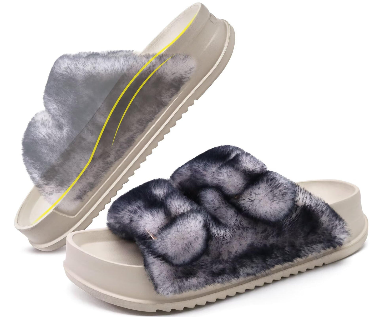 KuaiLu Women's Fluff Slippers Black White Size 9, Plantar Fasciitis Arch Support Platform Slippers Ladies Fashion Open Toe Faux Fur Sliders House Slipper