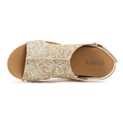 PARTY Women's Wedge Sandals With Buckle Ankle Strap for Dressy Summer, Kally-Gold Glitter-11
