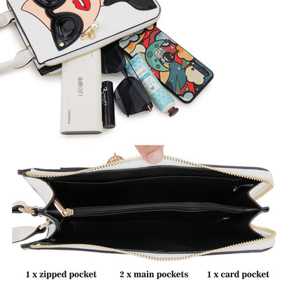 ENJOININ Women Novelty Lady Face Shoulder Bags Funky PU Leather Top Handle Satchel Handbags Clutch Purse for Women (White-3b)