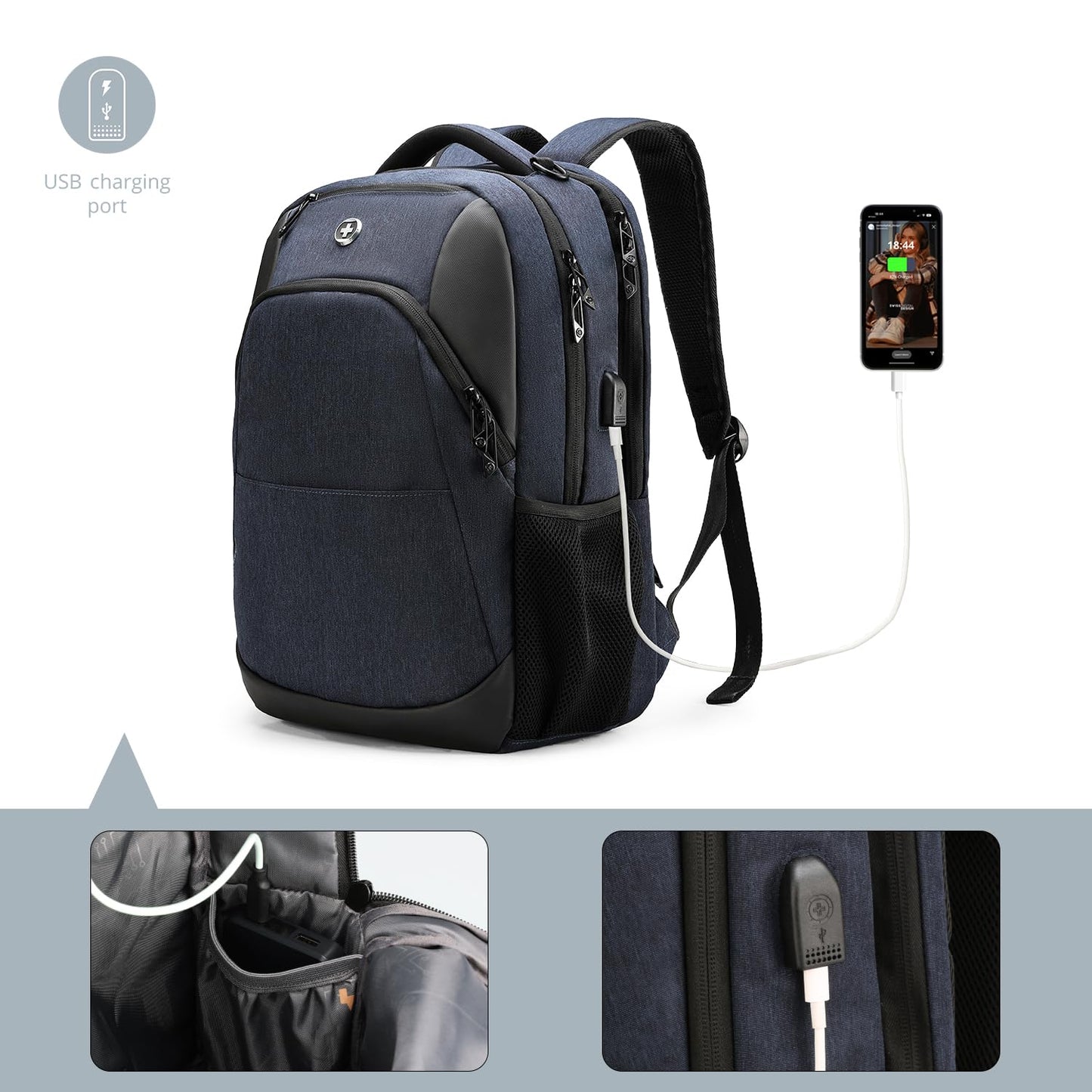 Swissdigital Design Travel Laptop Backpack for Men and Women, Business Backpack with USB Charging Port for Fits 16 Inch Notebook, Blue | SD1670-12