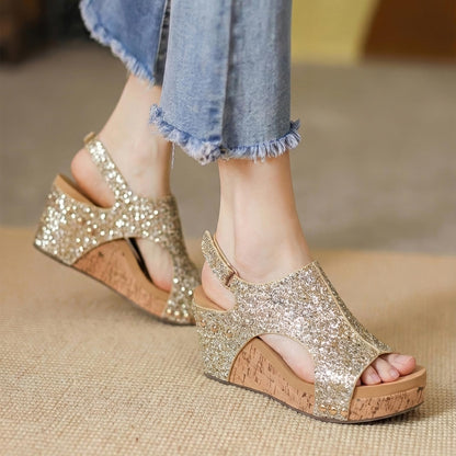 PARTY Women's Wedge Sandals With Buckle Ankle Strap for Dressy Summer, Kally-Gold Glitter-11