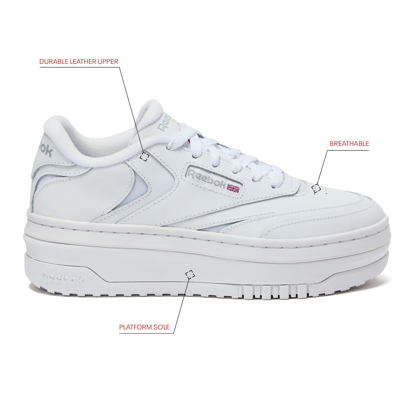 Reebok Club C Extra Platform Sneakers for Women, White Casual Tennis Women's Fashion Sneakers, Womens Shoes Size 5 to 11, Ftwwht/Ftwwht/Pugry3, 8.5 Medium