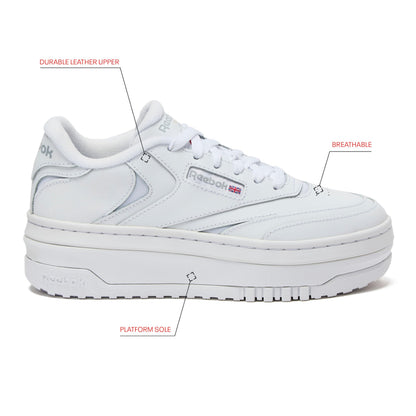 Reebok Club C Extra Platform Sneakers for Women, White Casual Tennis Women's Fashion Sneakers, Womens Shoes Size 5 to 11, Ftwwht/Ftwwht/Pugry3, 8.5 Medium