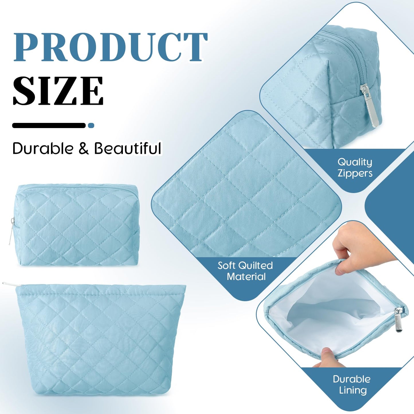 Huhumy 2 Pcs Pencil Case Quilted Makeup Bag Aesthetic Cosmetic Pouch for Women Puffer Travel Toiletry Bag Set Cotton Small Purse Pouch Makeup Organizer with Zipper(Blue)
