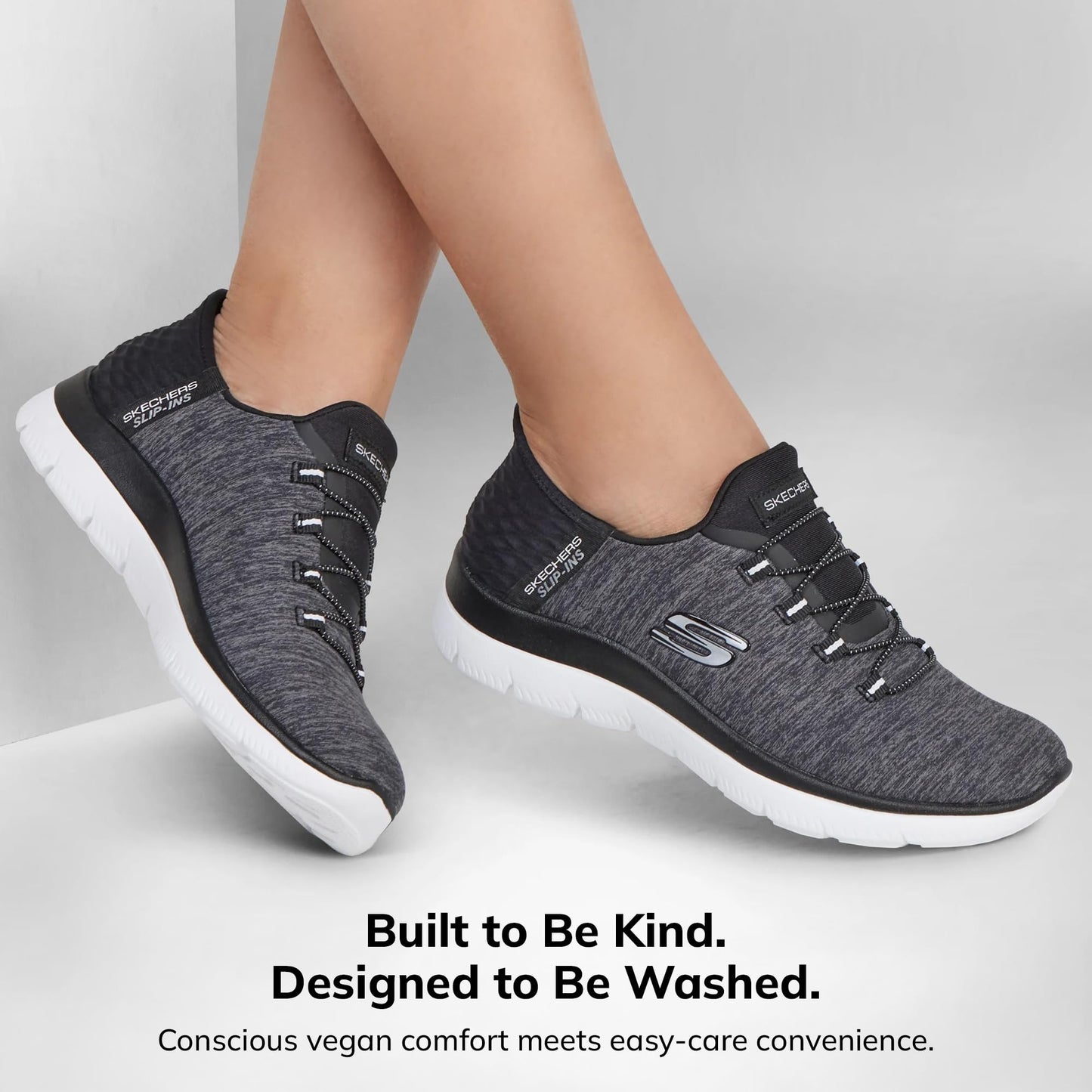 Skechers Women's Summits Hands-Free Slip-Ins – Memory Foam Insole, Heel Pillow, Vegan Materials Sneaker, Black White, 8.5 Wide