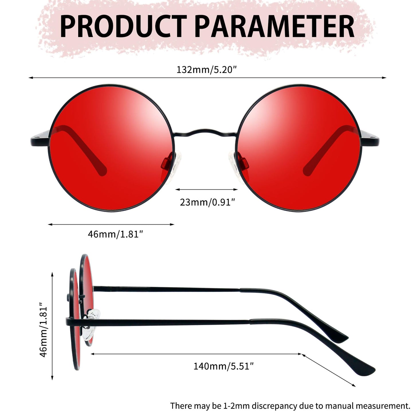 Joopin Small Round Sunglasses Circle Shades for Women Men Metal Circular Sun Glasses UV Protection Hippie Sunnies (Black Tinted Red)