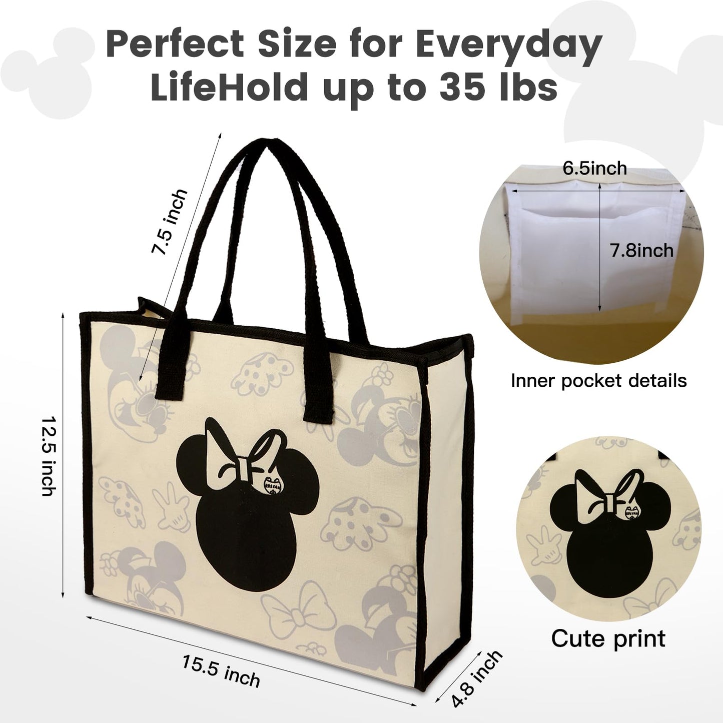 Charmory Cute Canvas Tote Bag Aesthetic for Women,Reusable Cloth Bags Shoulder Bag for Work Beach Travel with Zipper and Inner Pocket