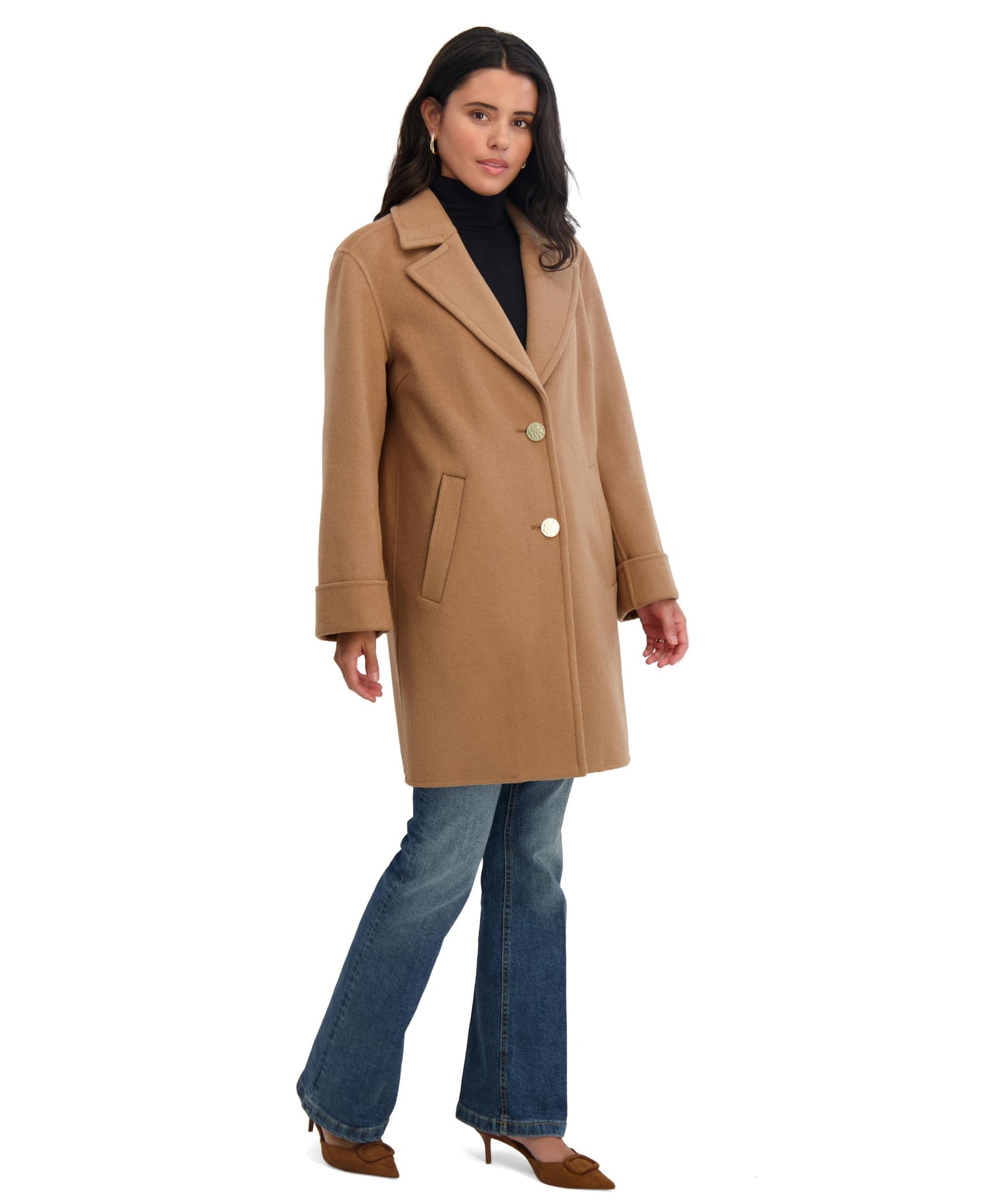 TAHARI Women's Relaxed Double-Faced Soft Wool Topper Coat with Front Buttons, Roll Cuffs & Pick Stitch Detail, Camel, X-Small