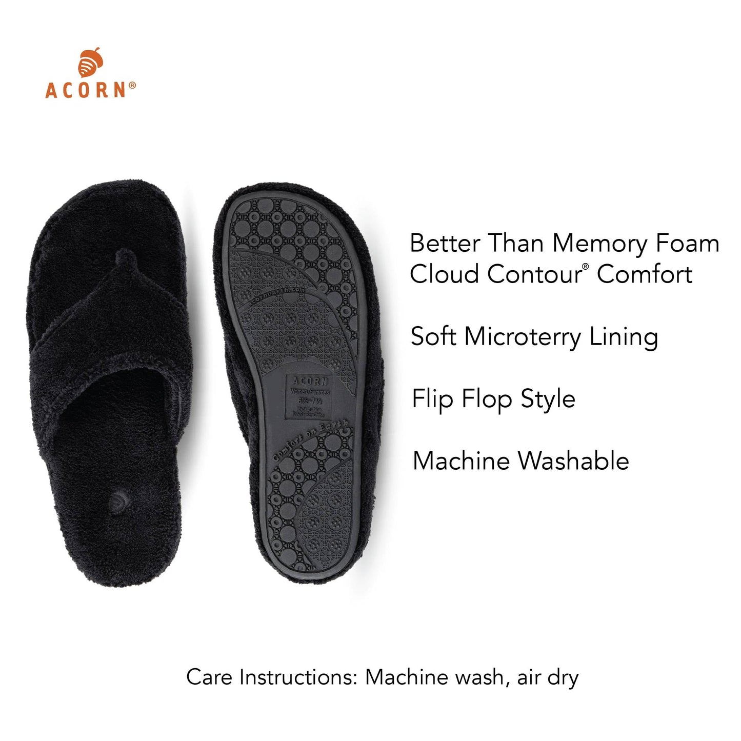 Acorn Women's Spa Thong Slippers with Cloud Contour Comfort - Arch Support and Plush Fluffy Terry Lining, Perfect for Beach, Camping, Poolside, or Bathroom Wear, Black, 8 - 9