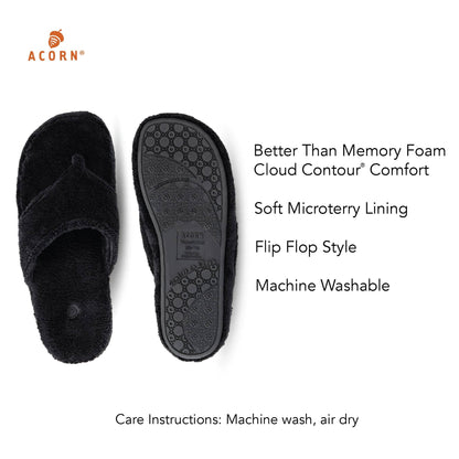 Acorn Women's Spa Thong Slippers with Cloud Contour Comfort - Arch Support and Plush Fluffy Terry Lining, Perfect for Beach, Camping, Poolside, or Bathroom Wear, Black, 8 - 9