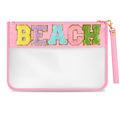 Morcheiong Chenille Letter Bag Cute Clear Zipper Stuff Pouch Portable Multi-purpose PVC and Nylon Makeup Bag with Handle for Travel Gym Beach（Pink Beach）