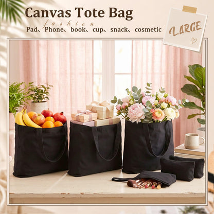 Silkfly 20 Pcs Tote Bag with Zipper, Cotton Canvas Makeup Bag Kitchen Reusable Grocery Pouch Blank Canvas Totes with Handles (16.5 x 3.9 x 13 in,Black)