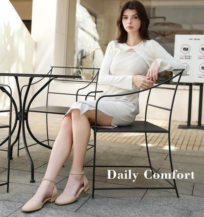 Ankis Nude Closed Toe Heels for Women, 1 Inch Women's Flats Low Block Heel Women Dress Shoes Womens Pumps Work Shoes with Ankle Strap for Spring Fall
