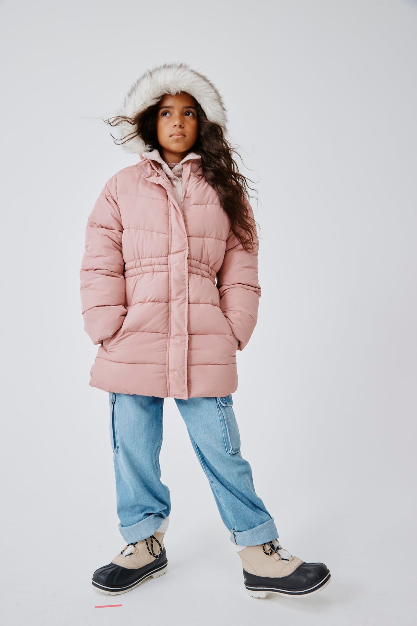 The Children's Place,Girls,Water and Wind Resistant Hooded Zip Front Mid Length Puffer Jacket, Faux Fur Lined,Precious Pink,Large