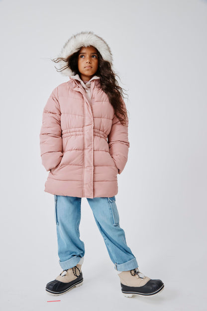 The Children's Place,Girls,Water and Wind Resistant Hooded Zip Front Mid Length Puffer Jacket, Faux Fur Lined,Precious Pink,Large