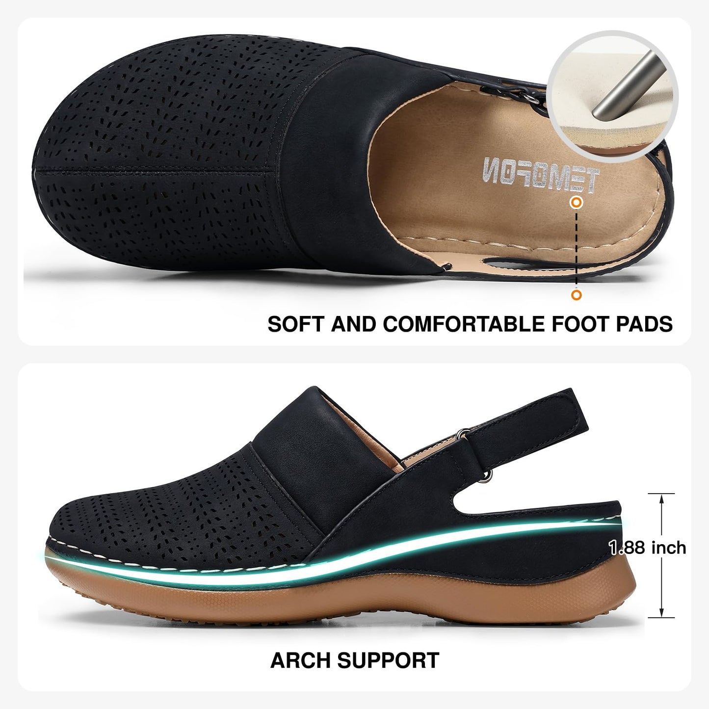 TEMOFON Shoes for Women Clogs Sandals: Comfortable Closed Toe Wedge Shoes Sling-Back Walking Mules with Arch Support Black Size 10