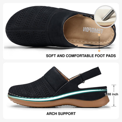 TEMOFON Shoes for Women Clogs Sandals: Comfortable Closed Toe Wedge Shoes Sling-Back Walking Mules with Arch Support Black Size 10