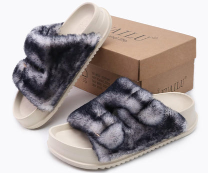 KuaiLu Women's Fluff Slippers Black White Size 9, Plantar Fasciitis Arch Support Platform Slippers Ladies Fashion Open Toe Faux Fur Sliders House Slipper