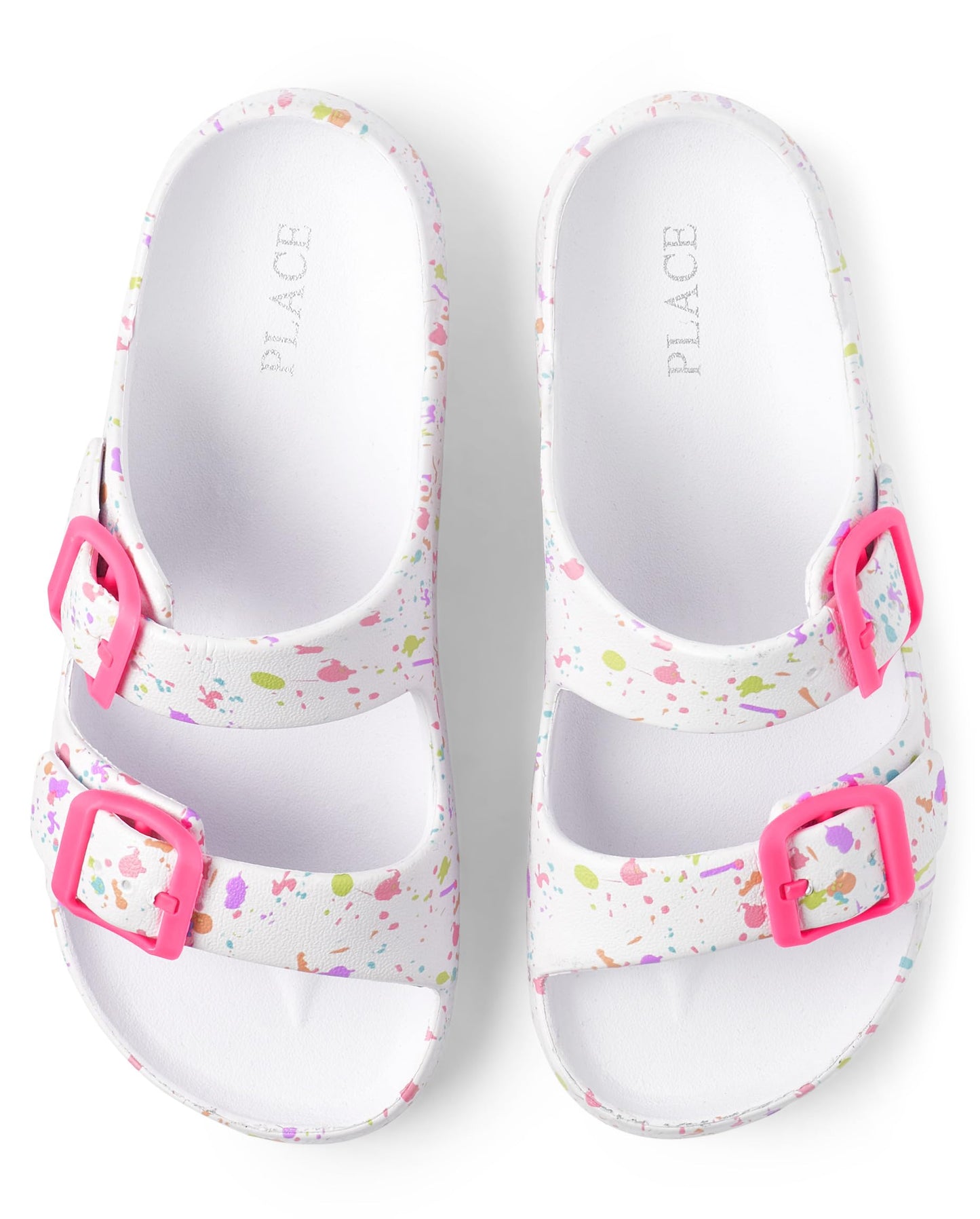 The Children's Place Girls Double Buckle Slip On Slide Sandals, White Paint Splatter, 4 Big Kid
