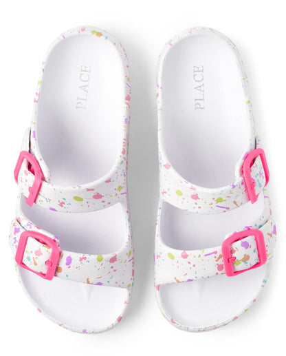 The Children's Place Girls Double Buckle Slip On Slide Sandals, White Paint Splatter, 4 Big Kid
