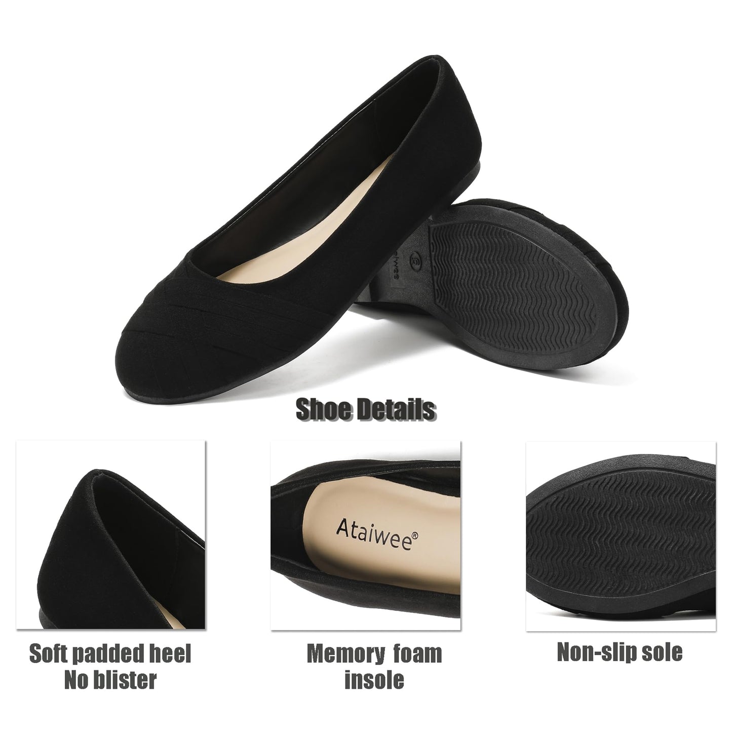 Ataiwee Women's Wide Width Flats Shoes - Casual Comfortable Round Toe Plus Size Ballet Shoes.(1910002-8, BK/MF 8.5 W) Black