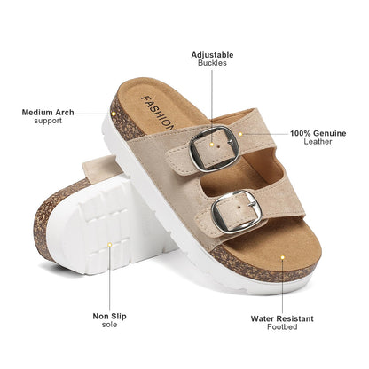 YorFotMae Platform Sandals Women With Cork Footbed, Non Slip On Slides With Adjustable Double Buckle, Open Toe Summer Chunky Shoes With Memory Foam Insole Wedge