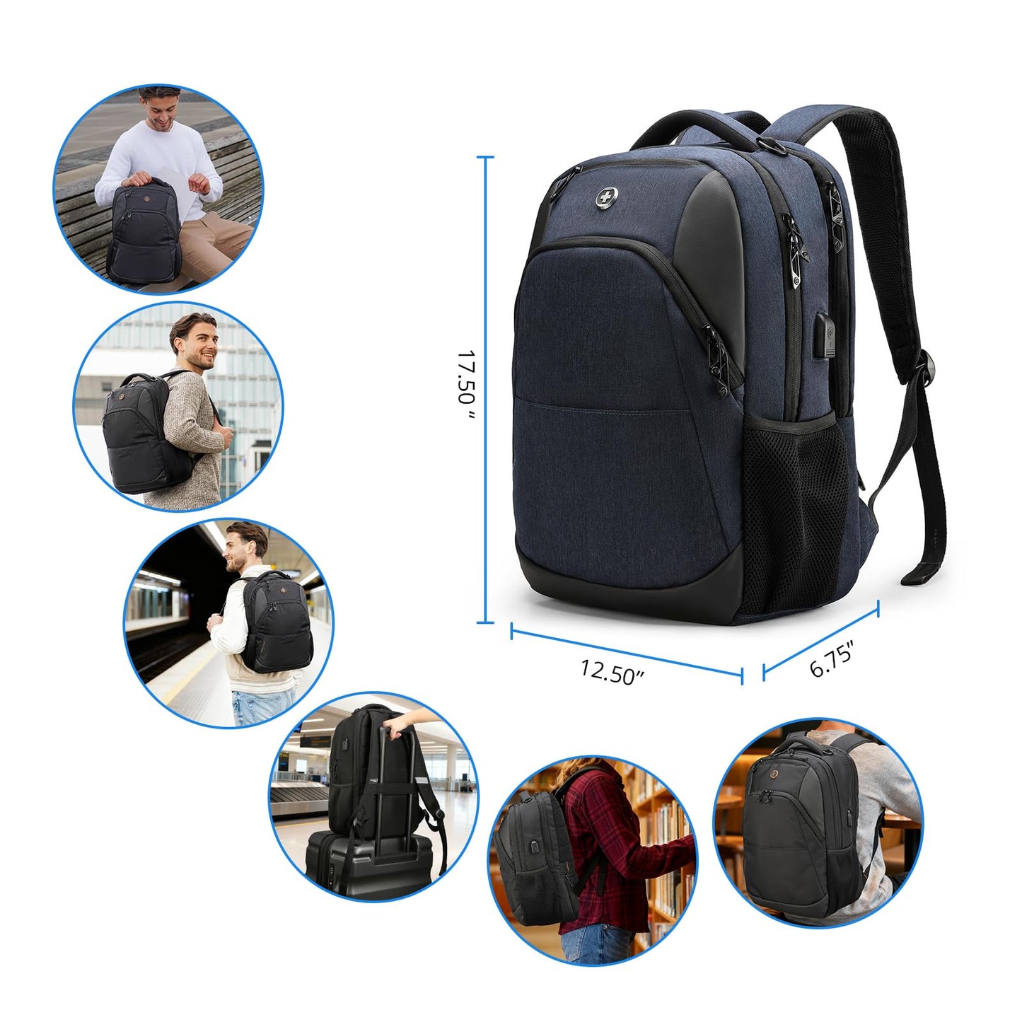 Swissdigital Design Travel Laptop Backpack for Men and Women, Business Backpack with USB Charging Port for Fits 16 Inch Notebook, Blue | SD1670-12