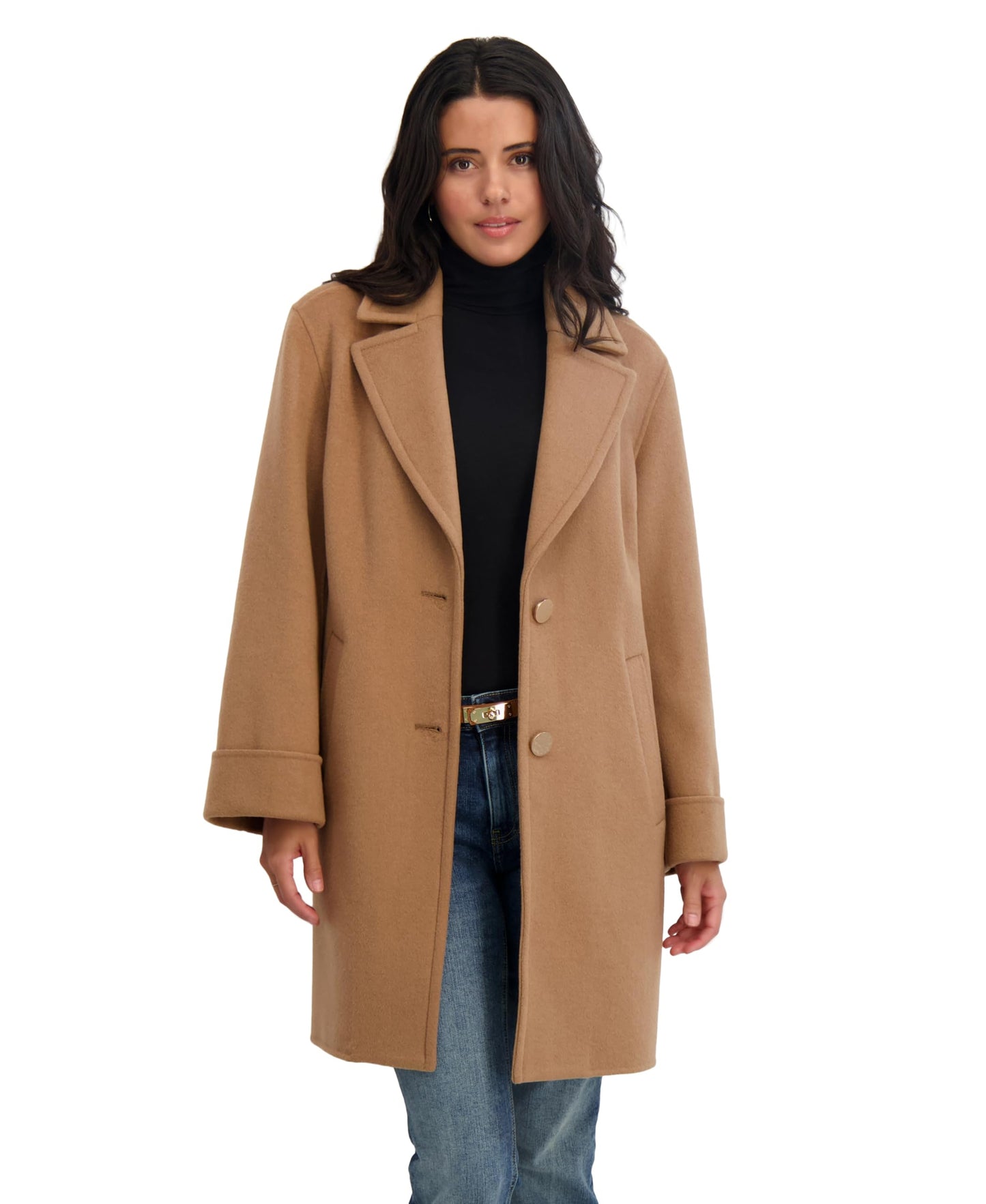 TAHARI Women's Relaxed Double-Faced Soft Wool Topper Coat with Front Buttons, Roll Cuffs & Pick Stitch Detail, Camel, X-Small