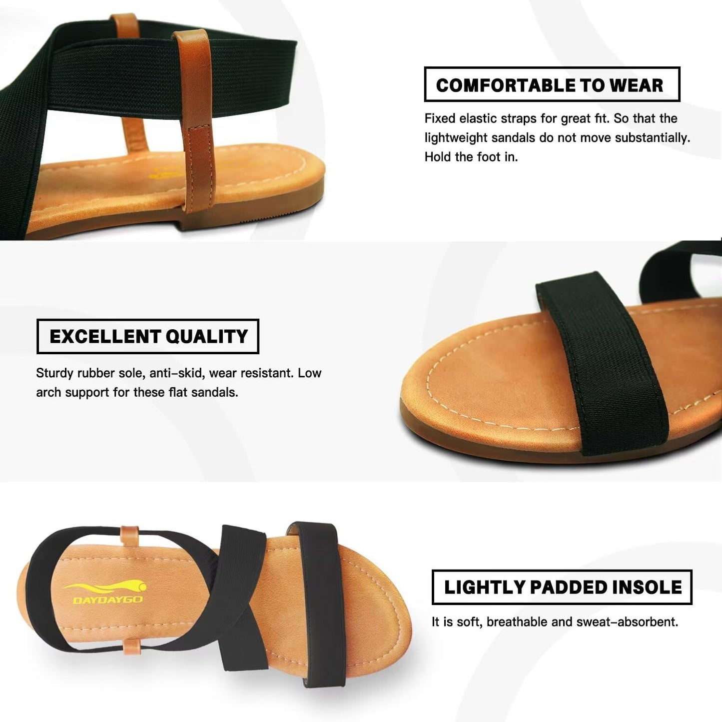 DAYDAYGO Women's Flat Sandals Elastic Sandals for Women Dressy Summer Comfortable Casual Cute Strappy Beach Wedding Flat Sandals Black Flat Sandals for Women Size 12
