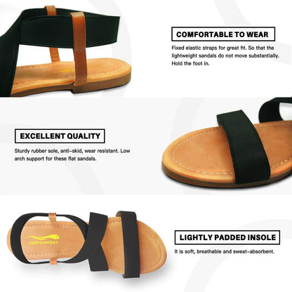 DAYDAYGO Women's Flat Sandals Elastic Sandals for Women Dressy Summer Comfortable Casual Cute Strappy Beach Wedding Flat Sandals Black Flat Sandals for Women Size 12