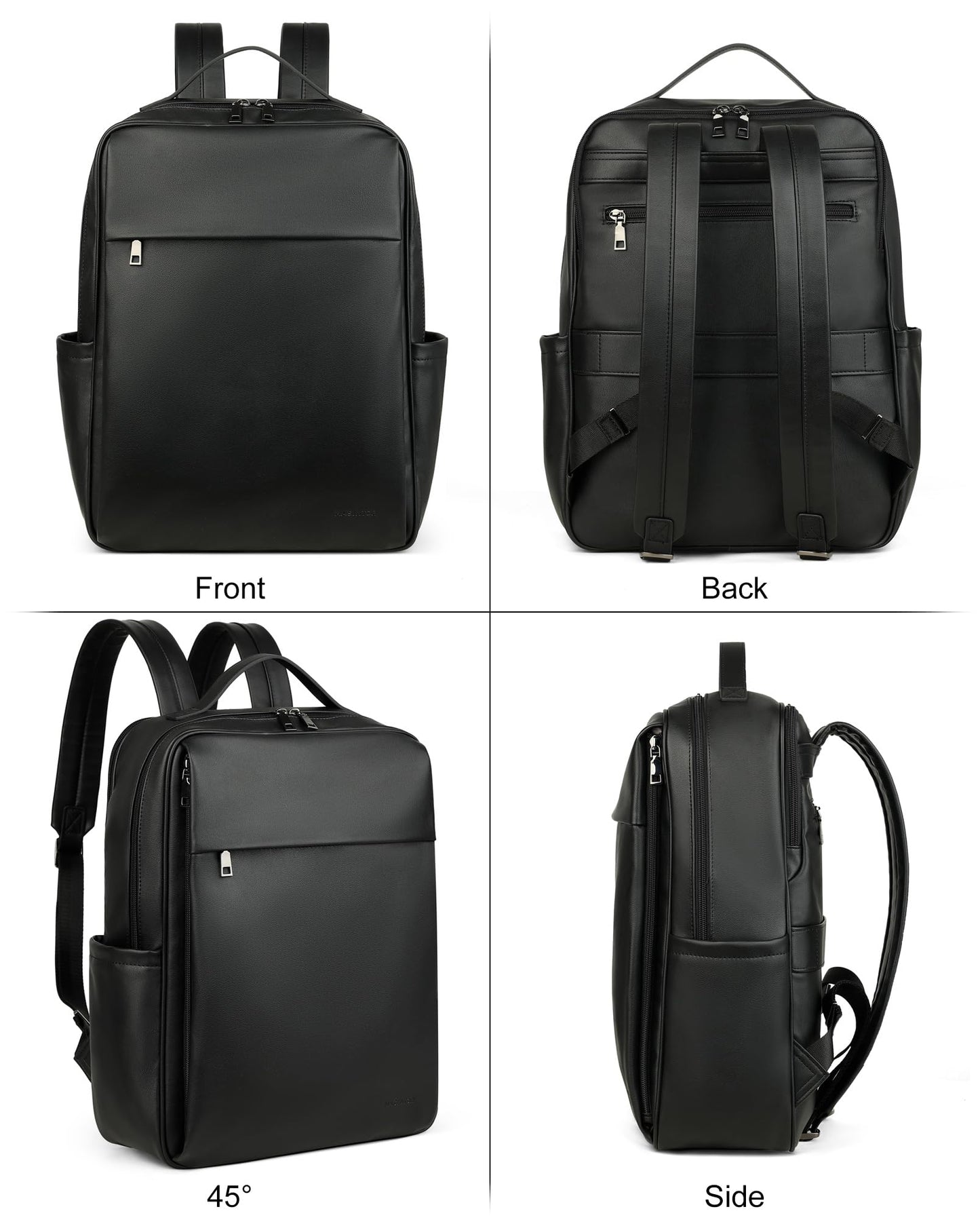 MASINTOR 15.6 inch PU Leather Laptop Backpack Purse for Women, Large College Casual Backpack Travel Bag Black