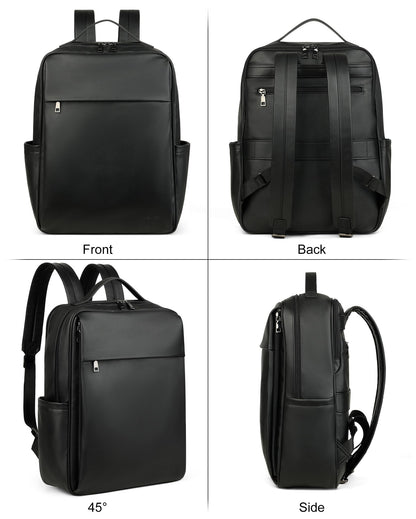 MASINTOR 15.6 inch PU Leather Laptop Backpack Purse for Women, Large College Casual Backpack Travel Bag Black