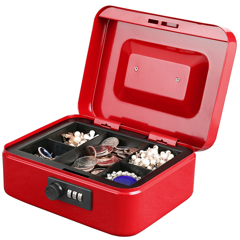 Jssmst Medium Cash Box with Combination Lock - Durable Metal Cash Box with Money Tray Red, 7.87 x 6.3 x 3.35 inches, CB0703M